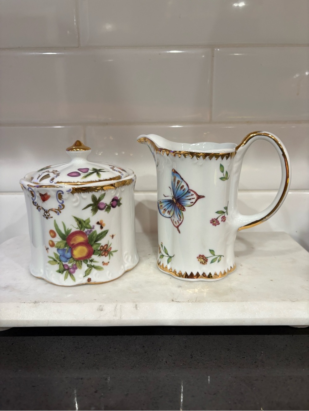 Porcelain Butterfly Floral Creamer and Sugar Set with Gold Trim - White